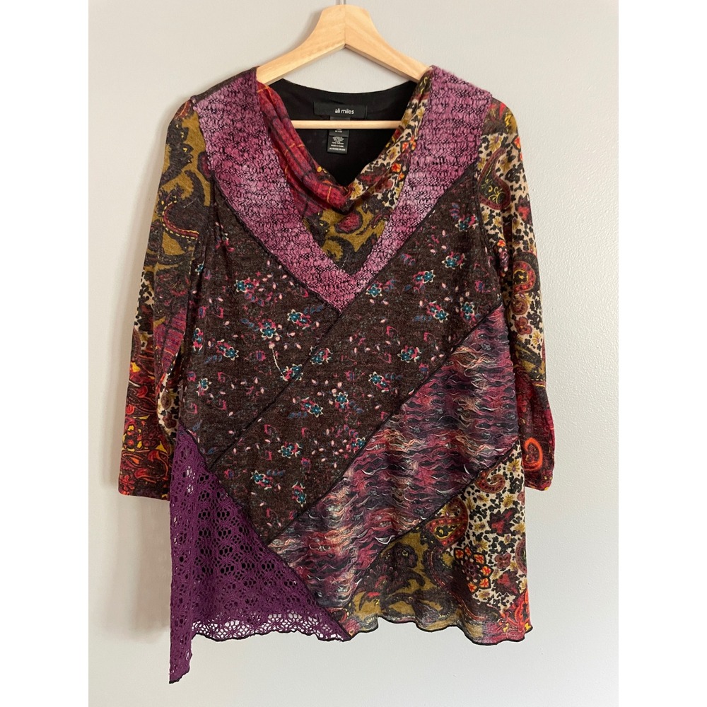 Ali Miles Tunic Top Womens Small Purple Mixed Media Patchwork Boho Lagenlook